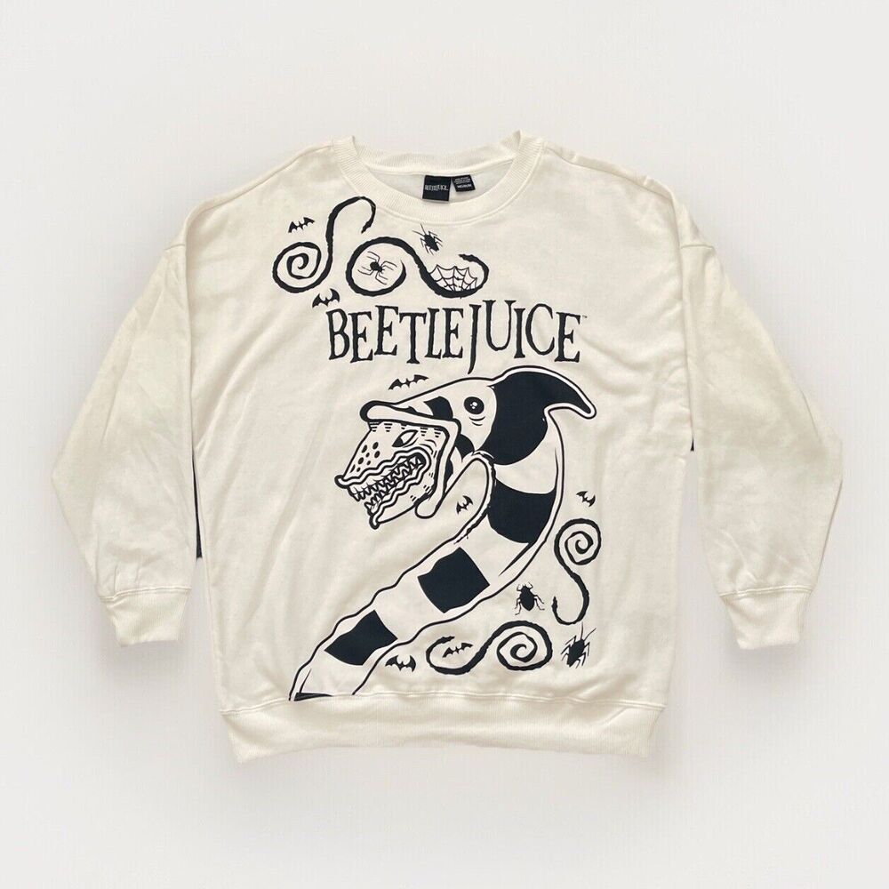 Beetlejuice Women Medium Sweatshirt Oversized Crew Neck Fleece White Long Sleeve
